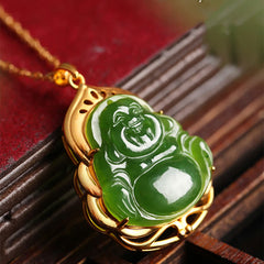 925 Silver Hetian Cyan Jade Laughing Buddha 18K Gold Necklace – Hetian jade carving smooth texture, precious stone pendant