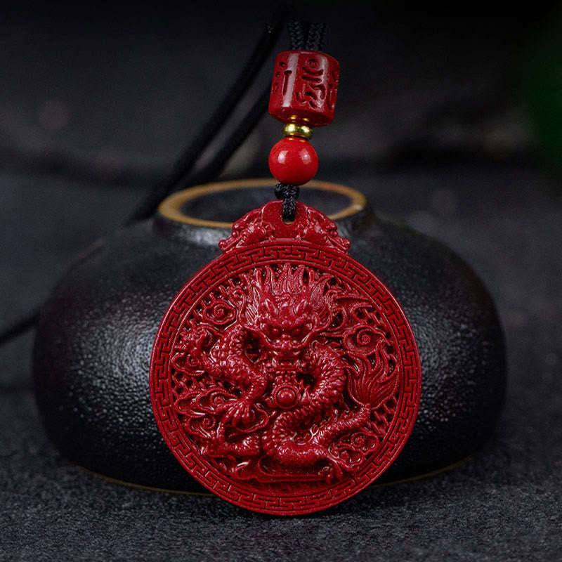 Cinnabar Dragon Pendant – Dragon coiled around flaming pearl with blessing bead, Feng Shui