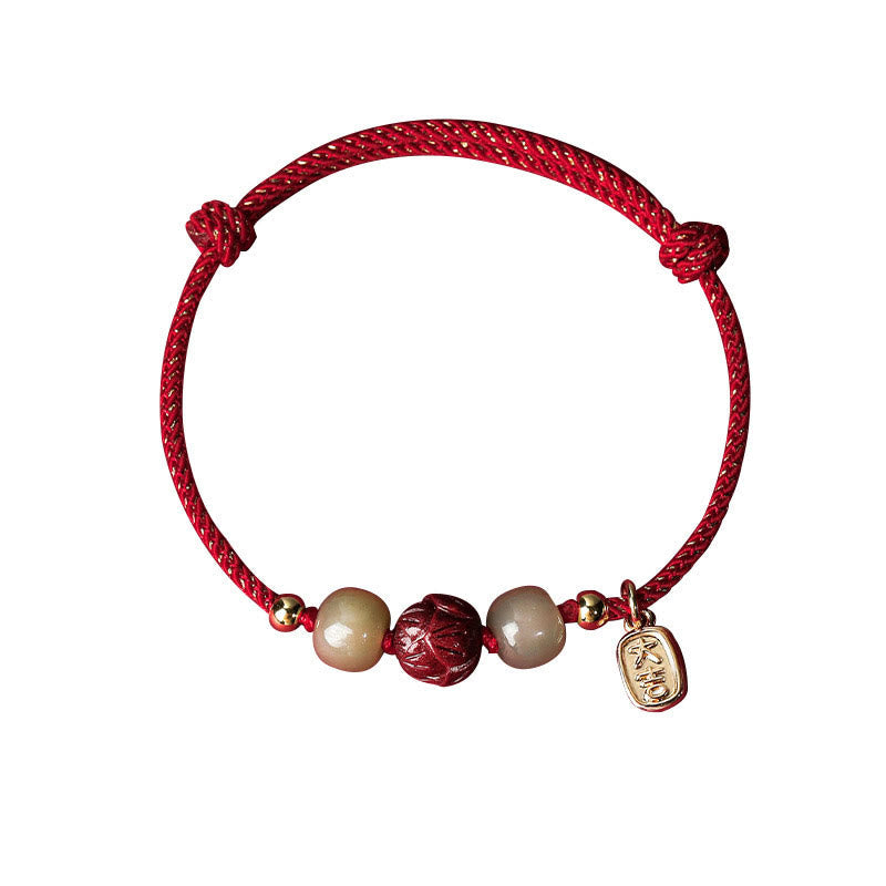 Hetian Jade Cinnabar Lotus Bracelet – Full red cord circle on clean white background, white background shot
