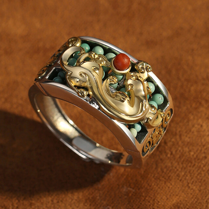 Silver PiXiu Ring – Gold PiXiu and turquoise bead detail on silver band, adjustable men's protection ring