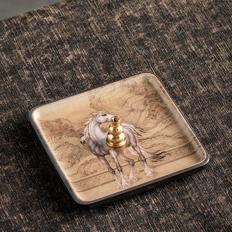 Horse Landscape Incense Plate – Sepia ink-wash horse in mountain setting on ceramic dish with brass holder