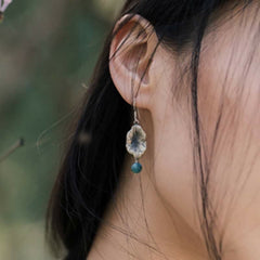 Sterling Silver Turquoise Lotus Leaf Earring - ear close-up with turquoise bead, natural