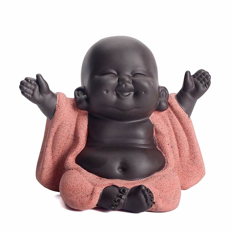 Laughing Buddha Purple Clay Maitreya Statue – three-figure wooden stand display with joyful contemplative and reclining poses, carved floral tiered rack