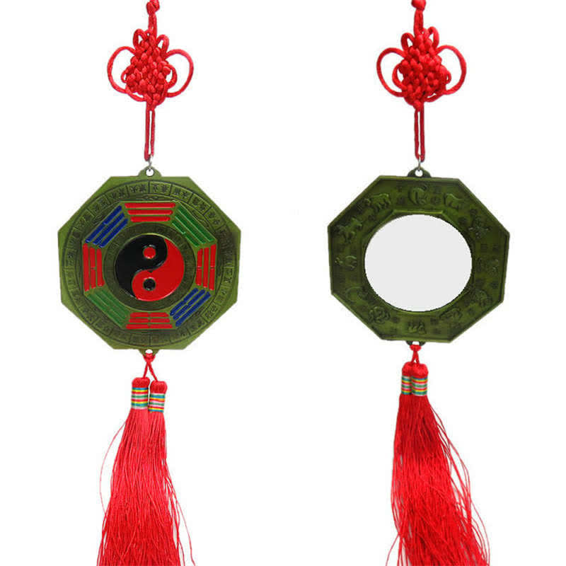 Feng Shui Bagua Map Mirror - Pair of jade green bagua mirrors with yin-yang, trigrams, red knots and tassels, front and back.