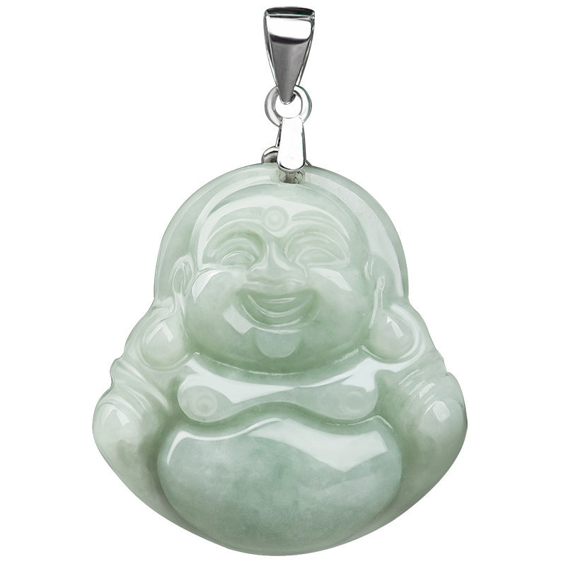 Jade Laughing Buddha Blessing Necklace – pure white background, straight-on front view, translucent celadon stone