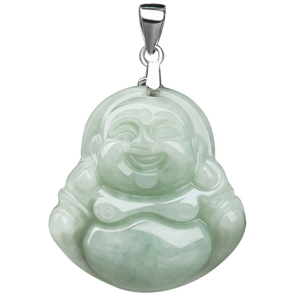 Jade Laughing Buddha Blessing Necklace – pure white background, straight-on front view, translucent celadon stone