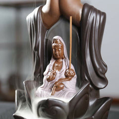 Buddha Lotus Incense Burner – Nested Guanyin in praying hands with smoke, Calm meditation