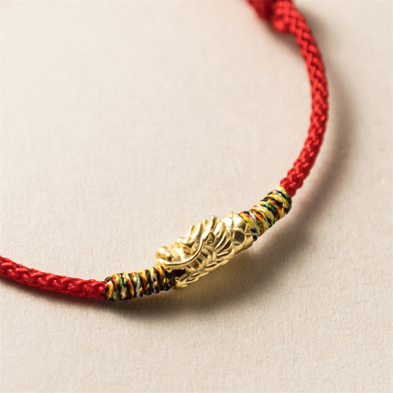 Sterling Silver Dragon Red Rope Bracelet - gold dragon scale bead on braided red string with colored threads, Fortune