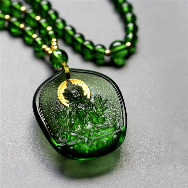 Green Tara Liuli Crystal Necklace – pendant with green beaded chain and gold spacer beads, chain detail