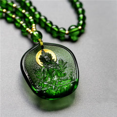Green Tara Liuli Crystal Necklace – pendant with green beaded chain and gold spacer beads, chain detail