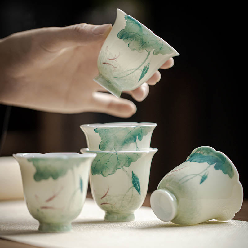 Koi Lotus Teacup – Front view of 65ml cup with koi and lotus leaf pattern, ceramic
