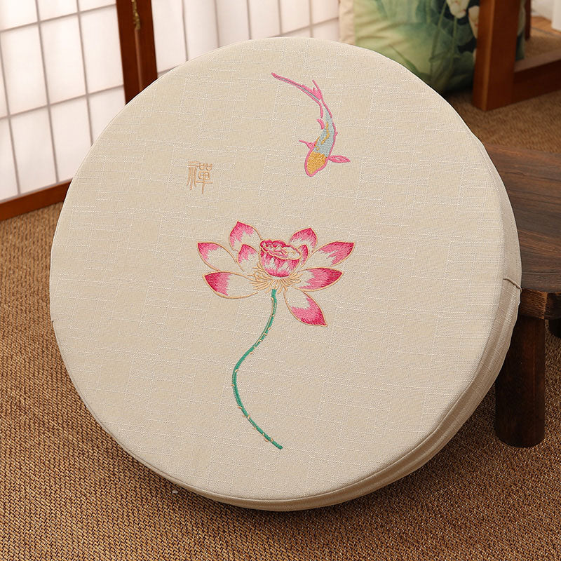 Zen Embroidered Cushion - Pink lotus and koi fish on oatmeal linen zafu, meditation room
