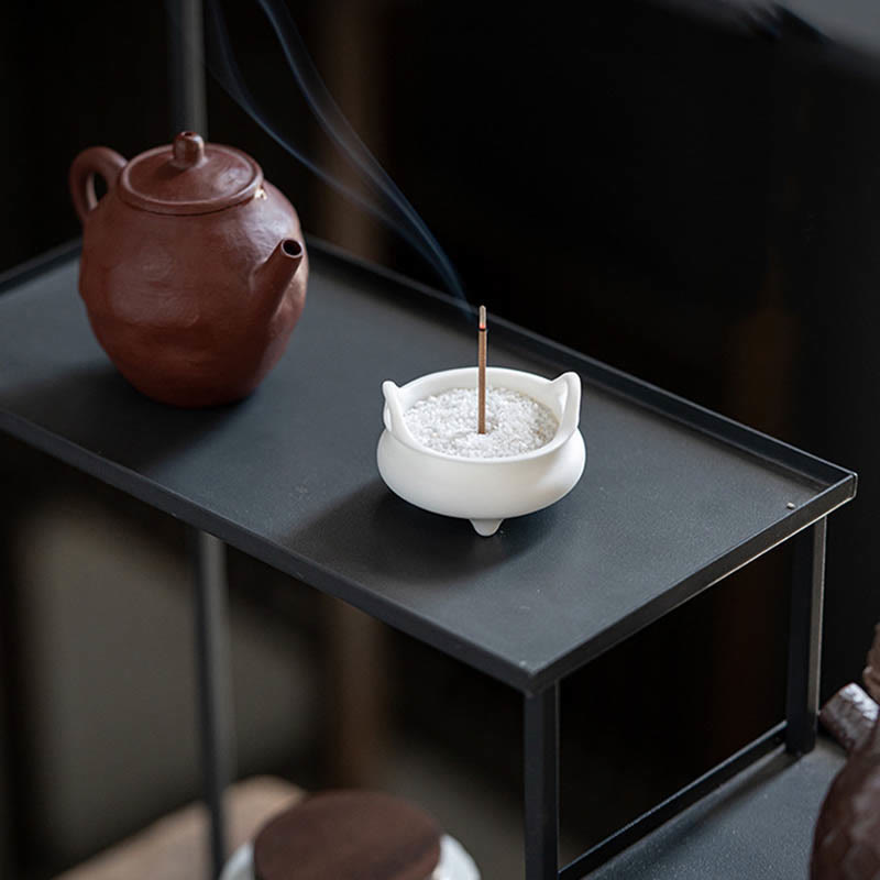 Dragon Ceramic Incense Burner – tripod censer on weathered wood, black backdrop, rustic, grounding