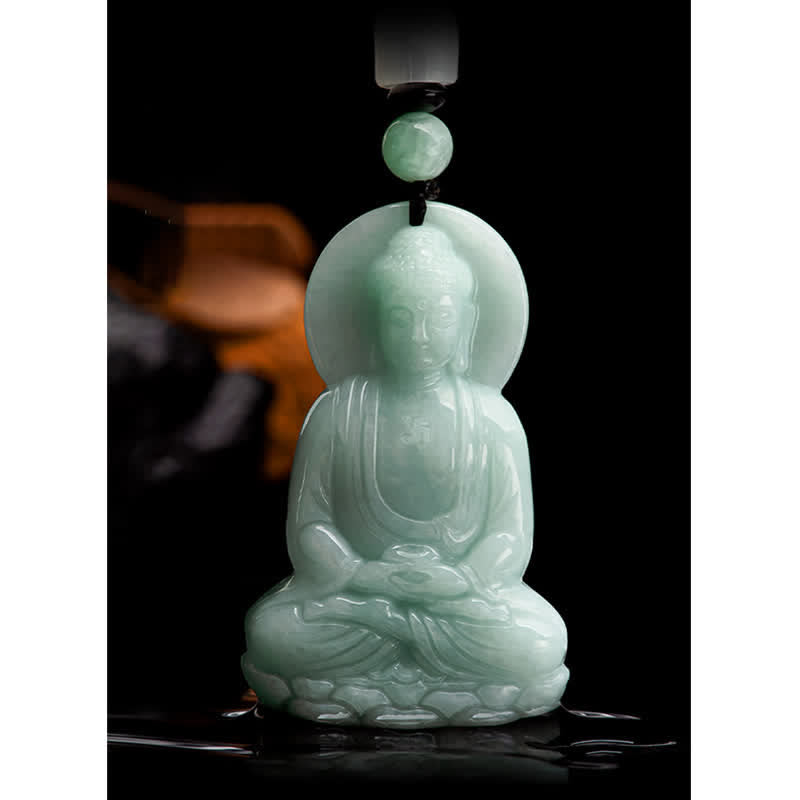 Amitabha Buddha Jade String Necklace - Symmetrical frontal view on reflective black surface