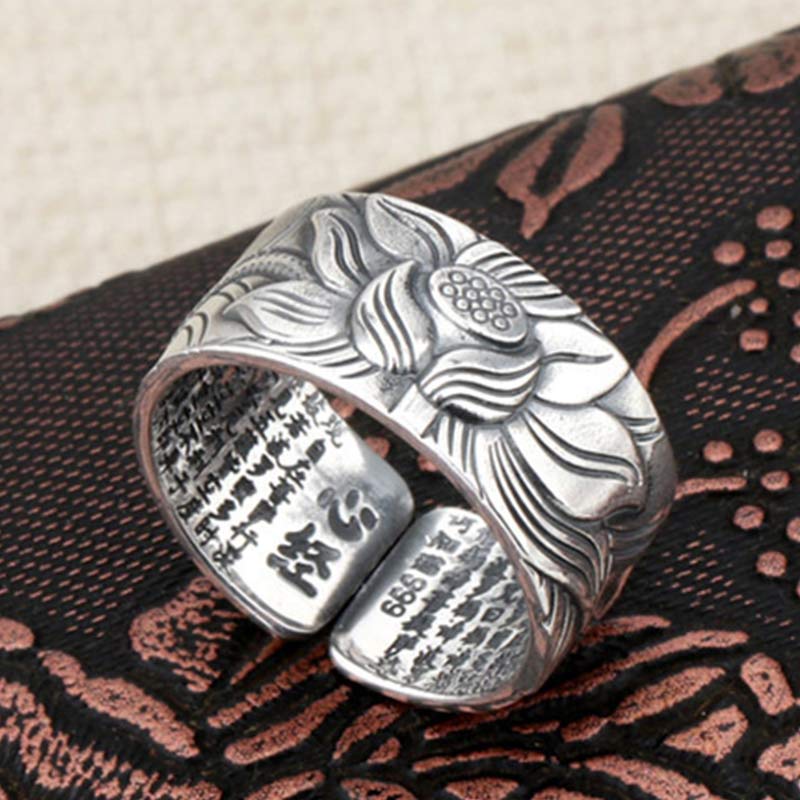 999 Silver Lotus Ring – 999 purity mark and Heart Sutra engraving on inner band