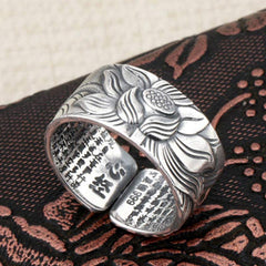 999 Silver Lotus Ring – 999 purity mark and Heart Sutra engraving on inner band