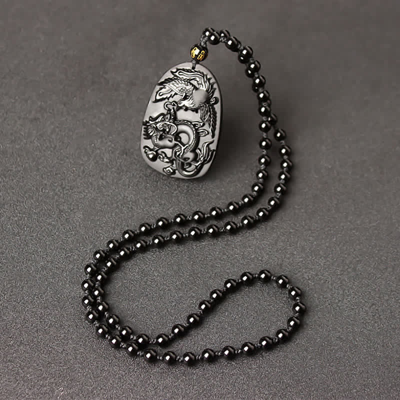 Black Obsidian Tiger Eye Dragon Phoenix Necklace – dragon relief on obsidian with round black bead chain, masculine