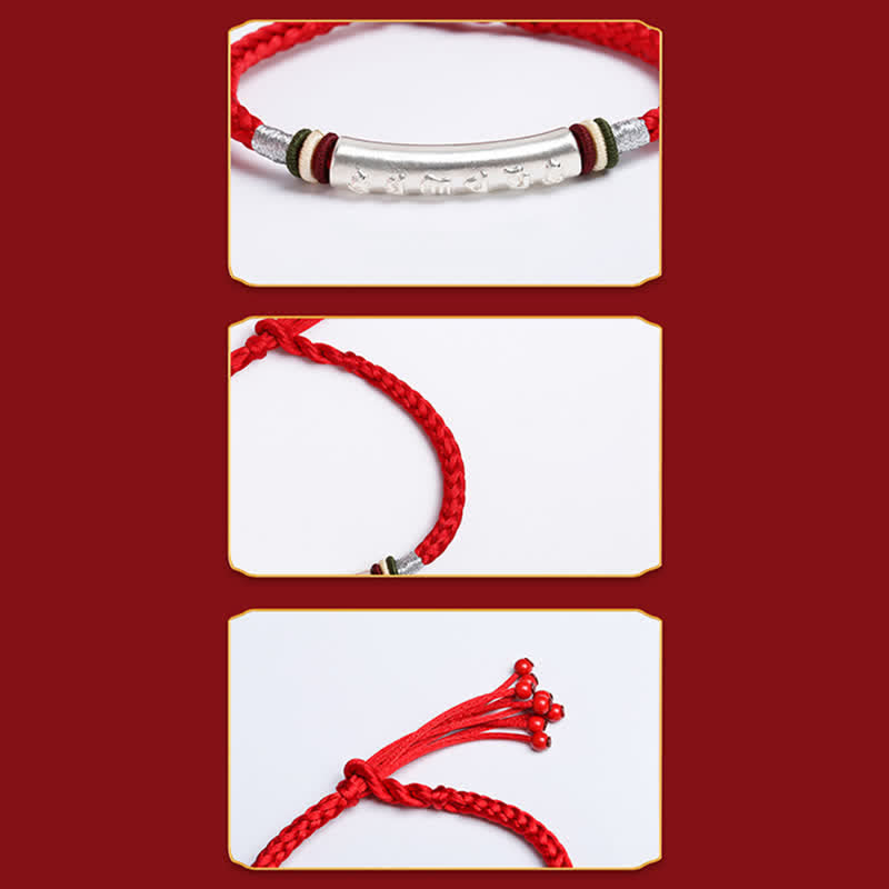 Om Mani Padme Hum Red String Bracelet – Three-panel detail of charm, knot, and cord tassels