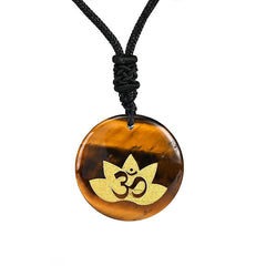 OM Lotus Amethyst Tiger Eye Pendant - golden tiger eye disc with gold Om lotus inlay, chakra jewelry