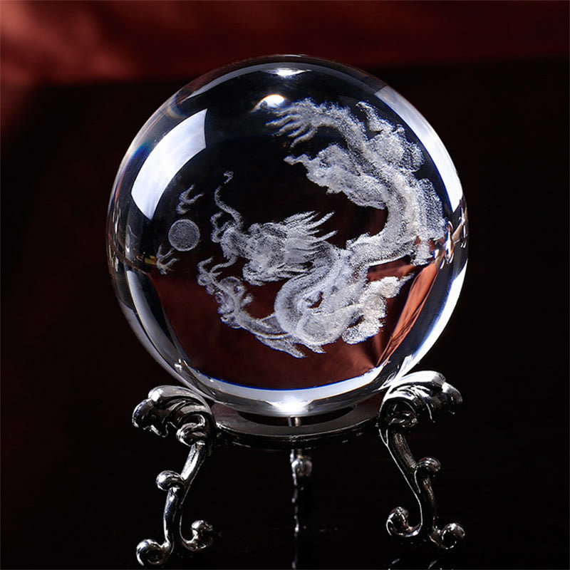 Crystal Dragon Lotus Blessing - Laser etched dragon inside crystal sphere on ornate silver stand, Clarity
