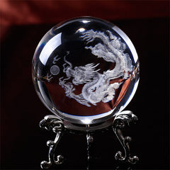 Crystal Dragon Lotus Blessing - Laser etched dragon inside crystal sphere on ornate silver stand, Clarity