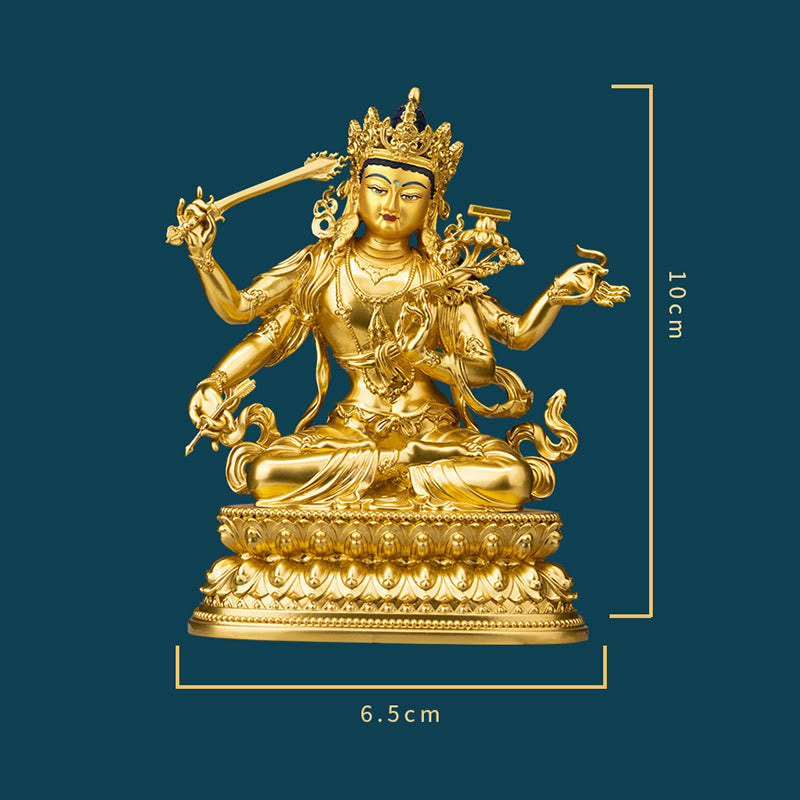 Four-Armed Manjusri Bodhisattva Gold Copper Statue Home Decor – scripture lotus hand close-up, prajna symbol