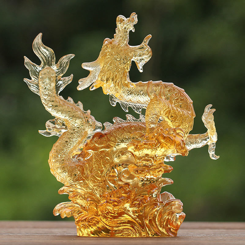 Chinese Zodiac Yellow Dragon Liuli Art Piece - dynamic S-curve golden crystal dragon on cloud wave base, protective art