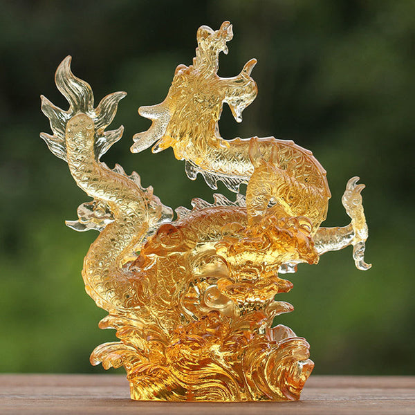 Chinese Zodiac Yellow Dragon Liuli Art Piece - dynamic S-curve golden crystal dragon on cloud wave base, protective art