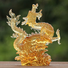 Chinese Zodiac Yellow Dragon Liuli Art Piece - dynamic S-curve golden crystal dragon on cloud wave base, protective art
