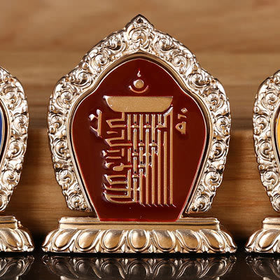 Om Mani Padme Hum Phone Ring Holder – Gold Tibetan Kalachakra plaque with burgundy center, altar decor