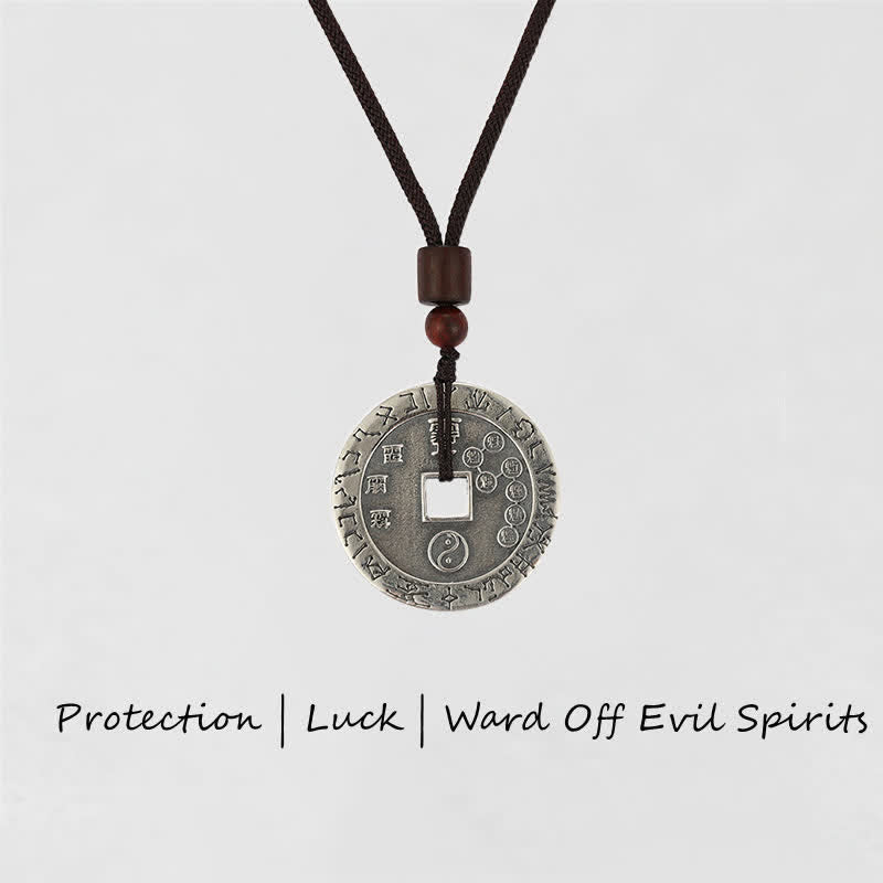Bagua Yin Yang Obsidian Necklace - silver coin pendant with yin-yang on black cord, wooden beads