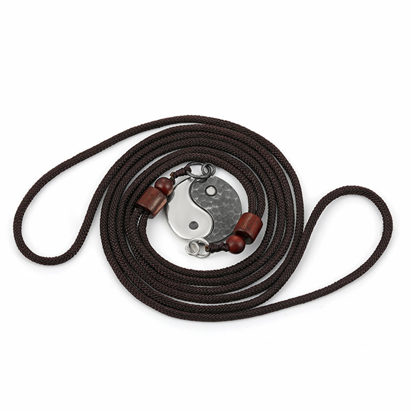 Sterling Silver Yin Yang Pendant - Circular yin-yang bracelet with dark cord and wooden beads, unisex spiritual jewelry