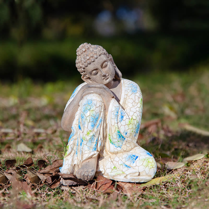 Yellow Jambhala Copper Buddha Statue – bookshelf display with plants, modern home shrine