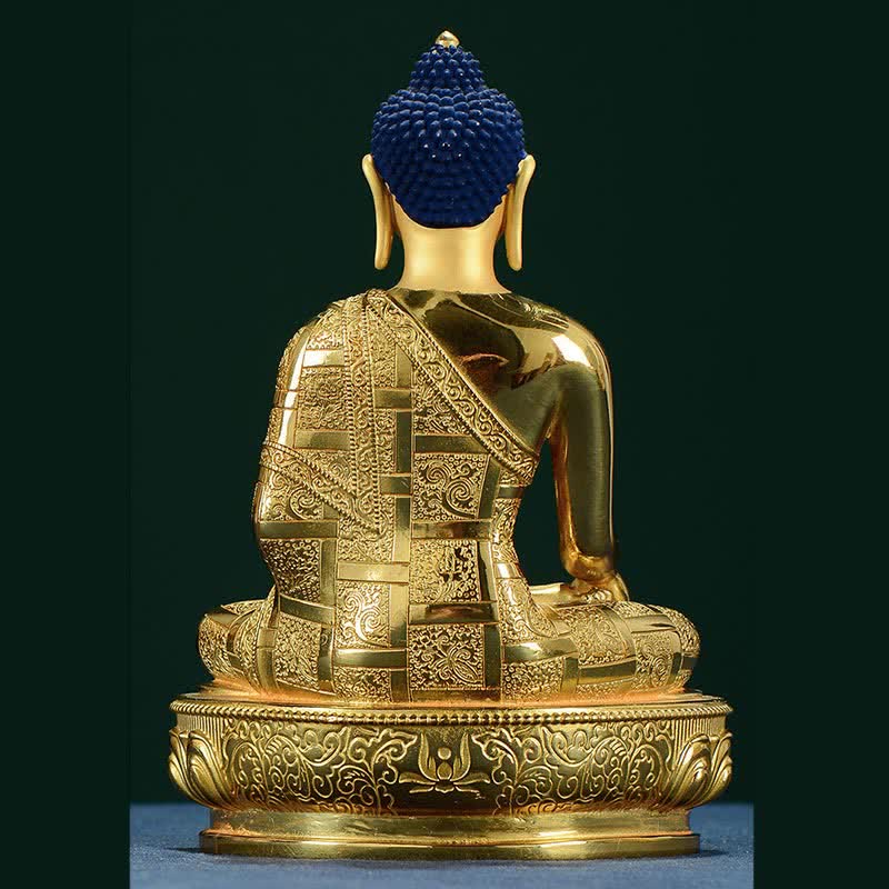 Shakyamuni Enlightenment Copper Statue – with framed sutra and incense, Buddhist home prayer corner