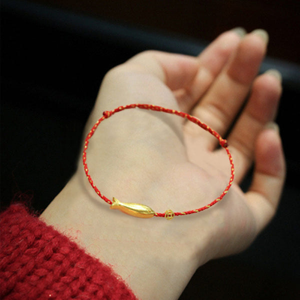 14K Gold Plated Koi Braided Bracelet – bracelet on velvet display, gold koi on woven cord, adjustable luck jewelry
