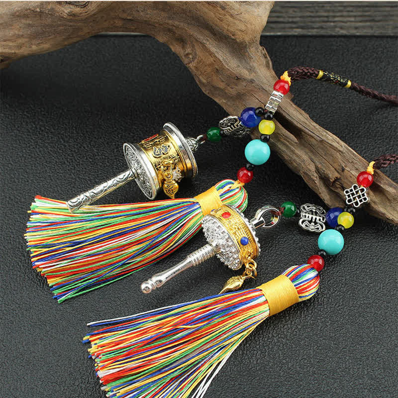Tibetan Prayer Wheel Tassel – Pair of prayer wheel car charms with colorful beads and tassels, spiritual decor