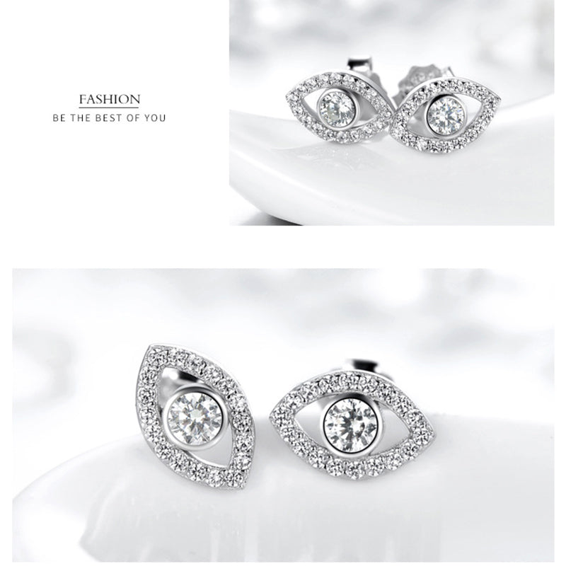 Silver Evil Eye Stud Earrings Front and Side Views with FASHION Branding Text Overlay