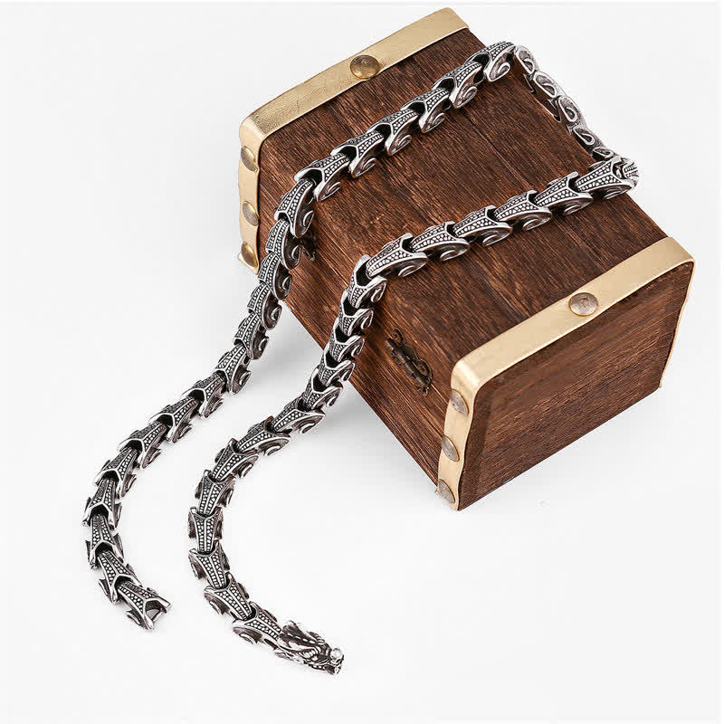 Dragon Necklace Bracelet Set - Dragon scale chain on brass-cornered wood box, Strength