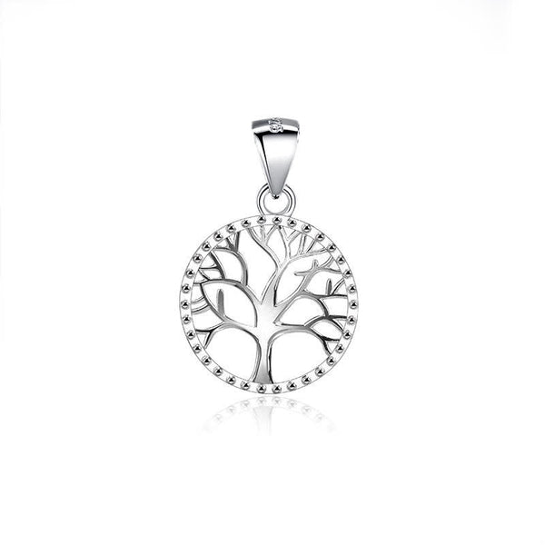 Tree of Life Sterling Silver Necklace – standalone tree pendant on white background, beaded border, 925 silver jewelry