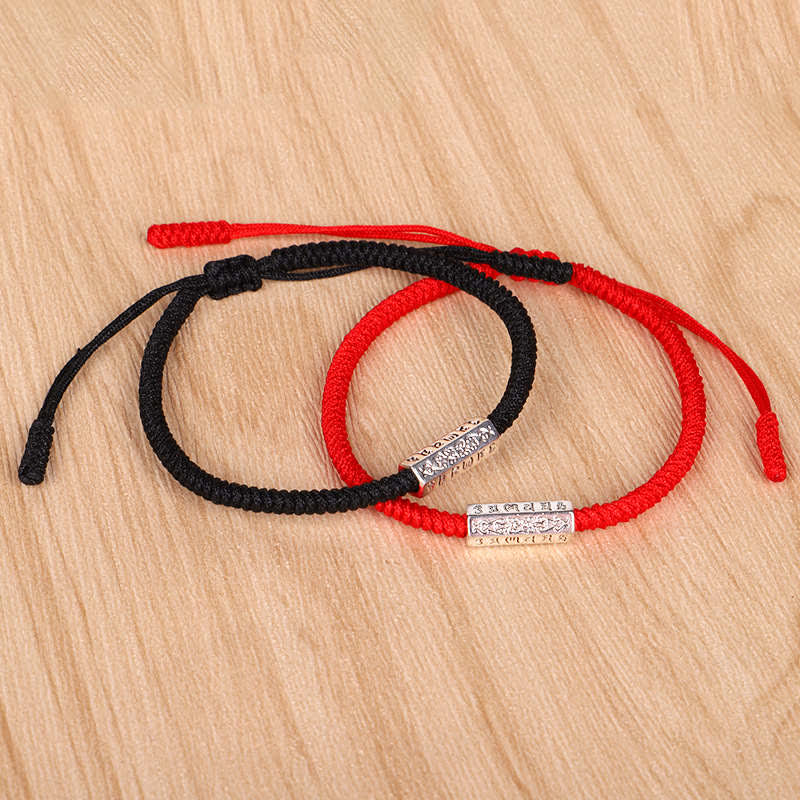 Red String Om Mani Padme Hum Bracelet - Red and black pair on wood surface, couple bracelets