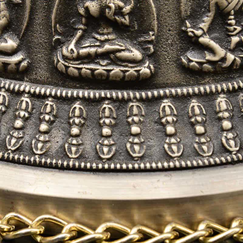 Tibetan Buddha Dragon Bell macro detail of vajra motif band and lotus throne deities, ritual, ornate