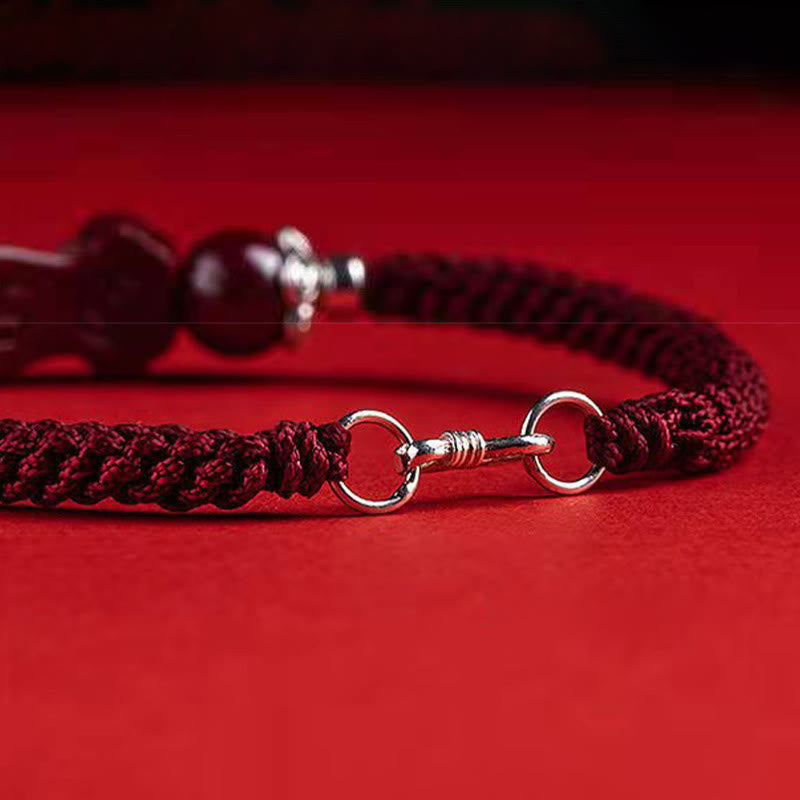 Handcrafted PiXiu Cinnabar Wealth Luck Braided Bracelet – silver S-clasp and braided cord close-up, craftsmanship