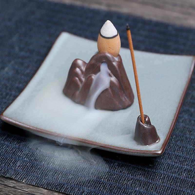Lotus Ceramic Backflow Incense Burner - mountain peak burner with meditating figure, waterfall smoke on tray