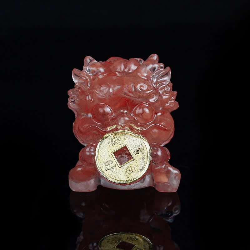 Handmade PiXiu Crystal – Red strawberry crystal front view on black, good luck charm
