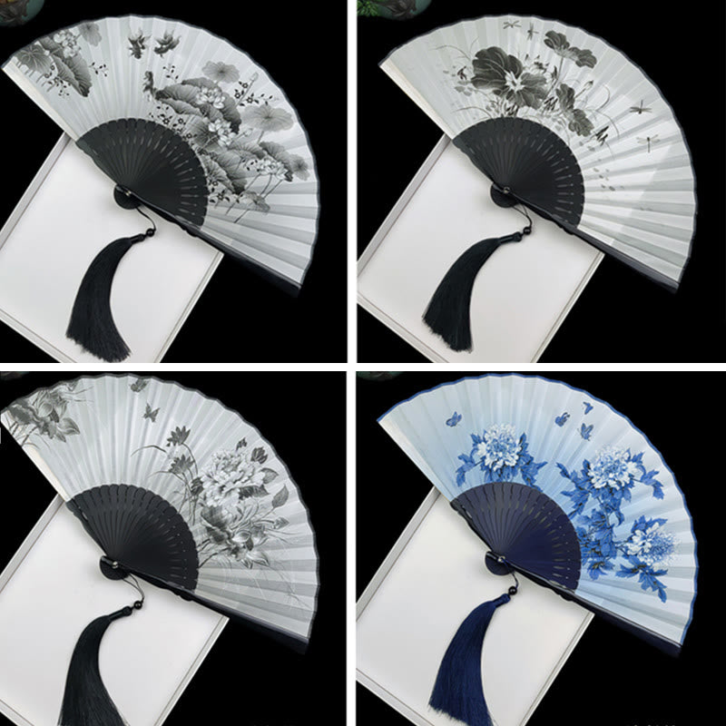 Vintage Silk Folding Fan - Four design variants with lotus peony butterfly motifs, fan set