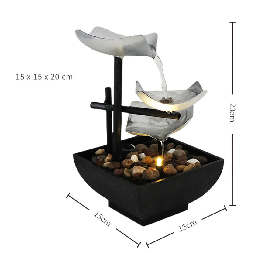 Three Layers Lotus Waterfall Fountain - Silver tiers with 15x15x20cm dimensions annotated, Compact