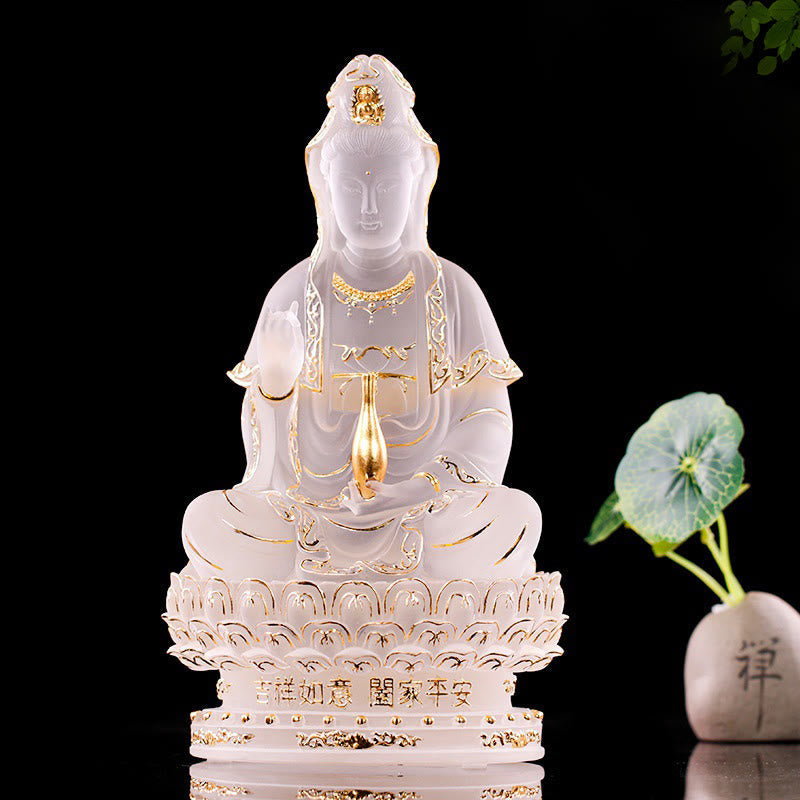 Kwan Yin Liuli Crystal Statue – Handcrafted Avalokitesvara in warm honey glass, zen centerpiece