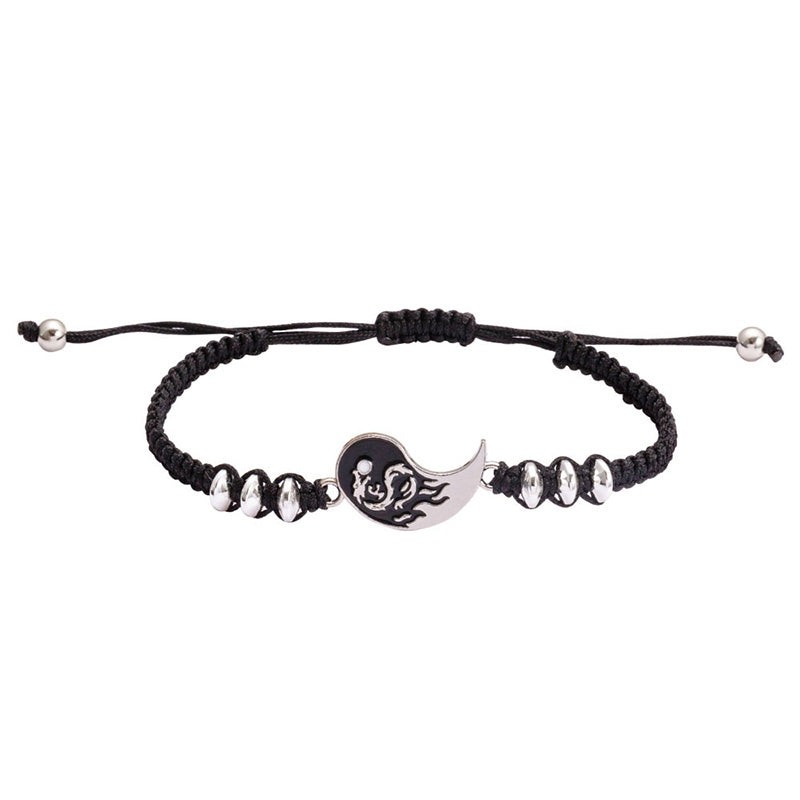 Yin Yang Dragon Couple Bracelet – Black cord with silver moon and wolf charm, adjustable