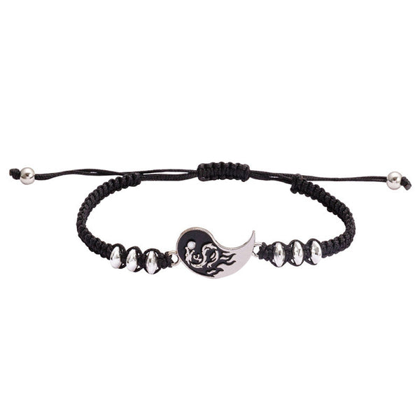 Yin Yang Dragon Couple Bracelet – Black cord with silver moon and wolf charm, adjustable