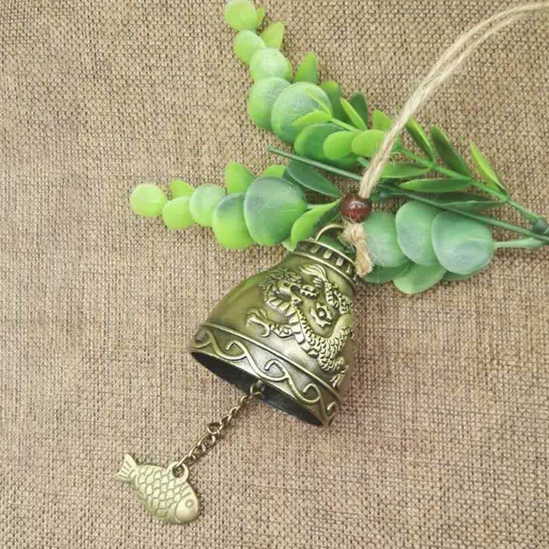 Feng Shui Wind Chime Bell - Coiled dragon relief on antique bronze bell with fish charm clapper, powerful decor